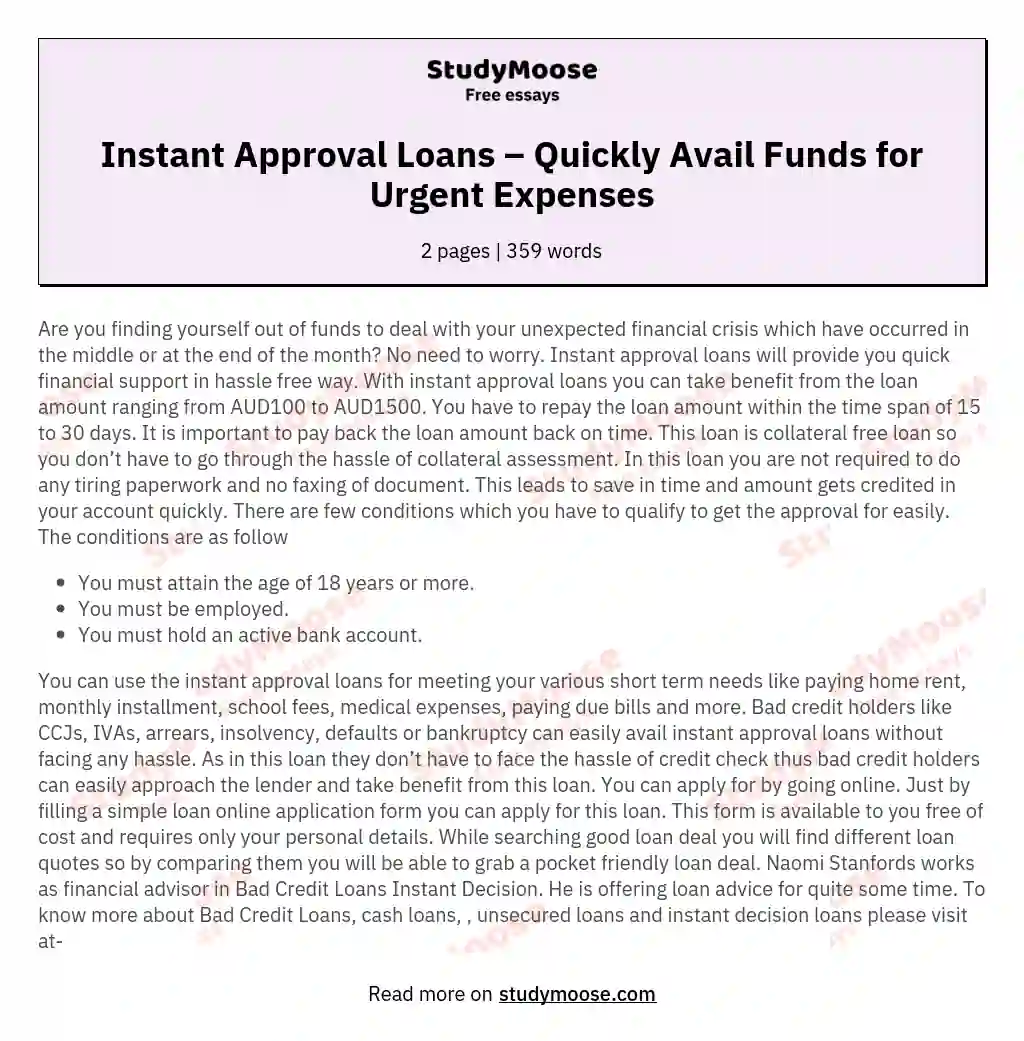 Instant Approval Loans – Quickly Avail Funds for Urgent Expenses essay