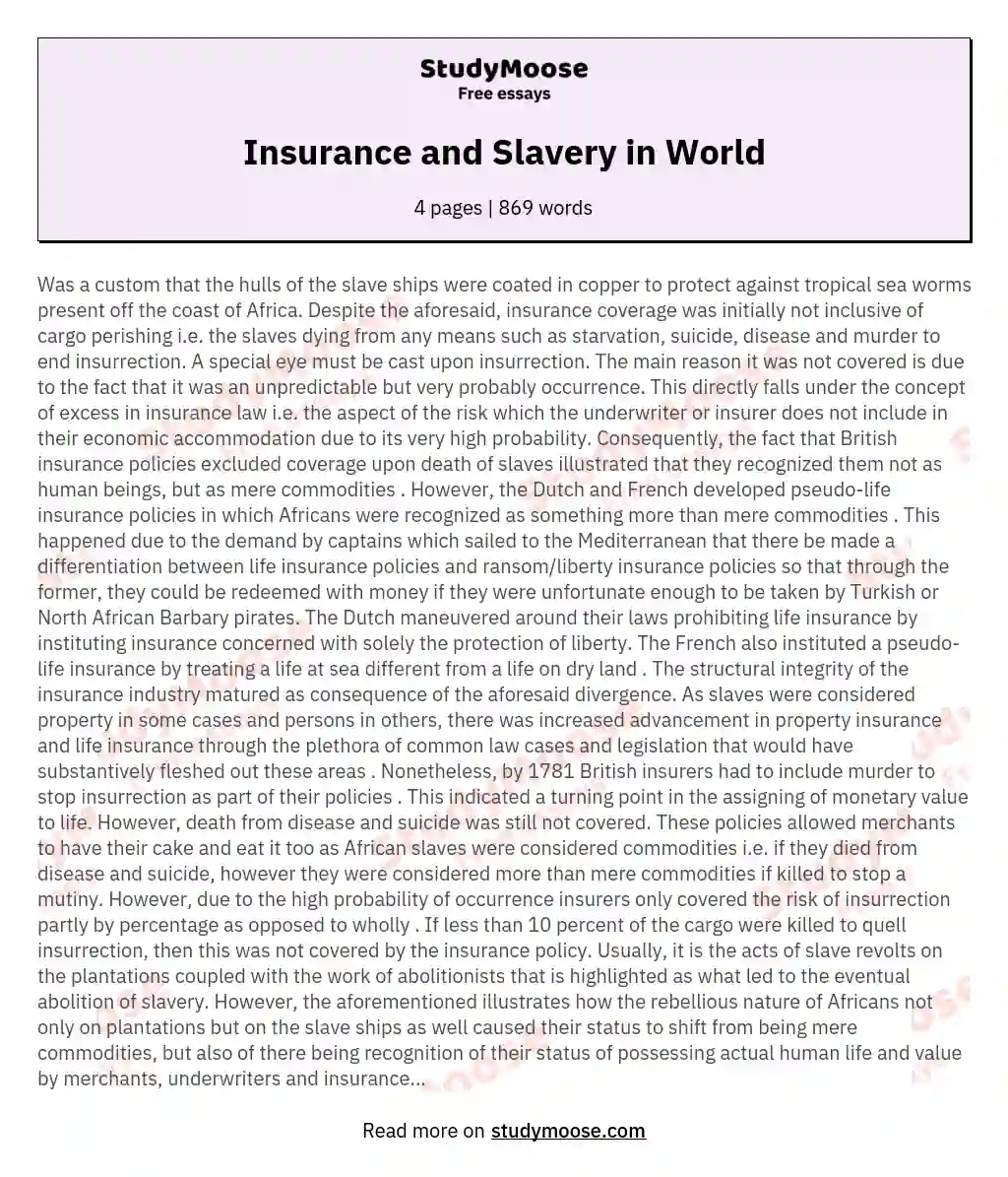 Insurance and Slavery in World essay