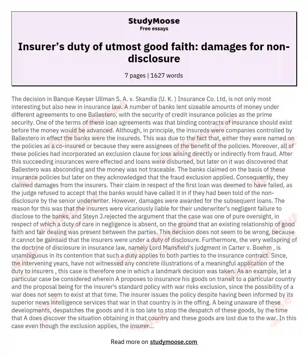Insurer’s duty of utmost good faith: damages for non-disclosure