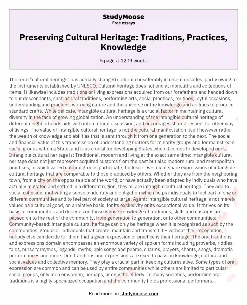 Preserving Cultural Heritage: Traditions, Practices, Knowledge essay