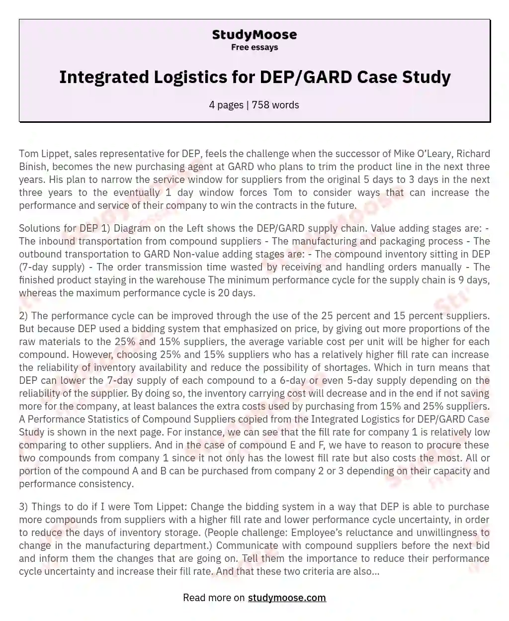 Integrated Logistics for DEP/GARD Case Study essay