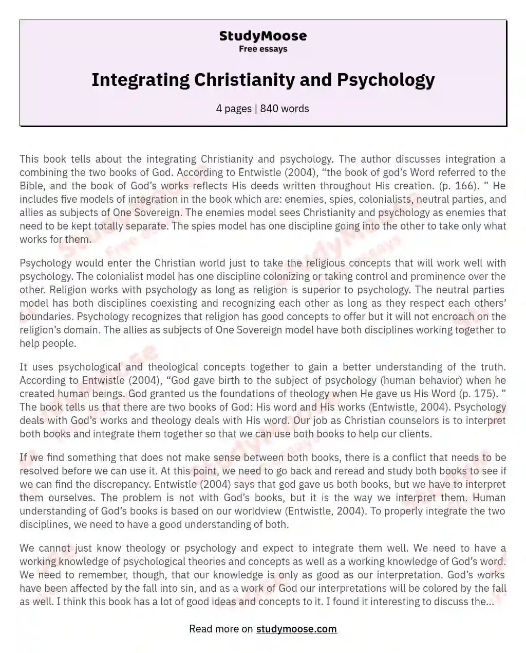 Integrating Christianity and Psychology essay