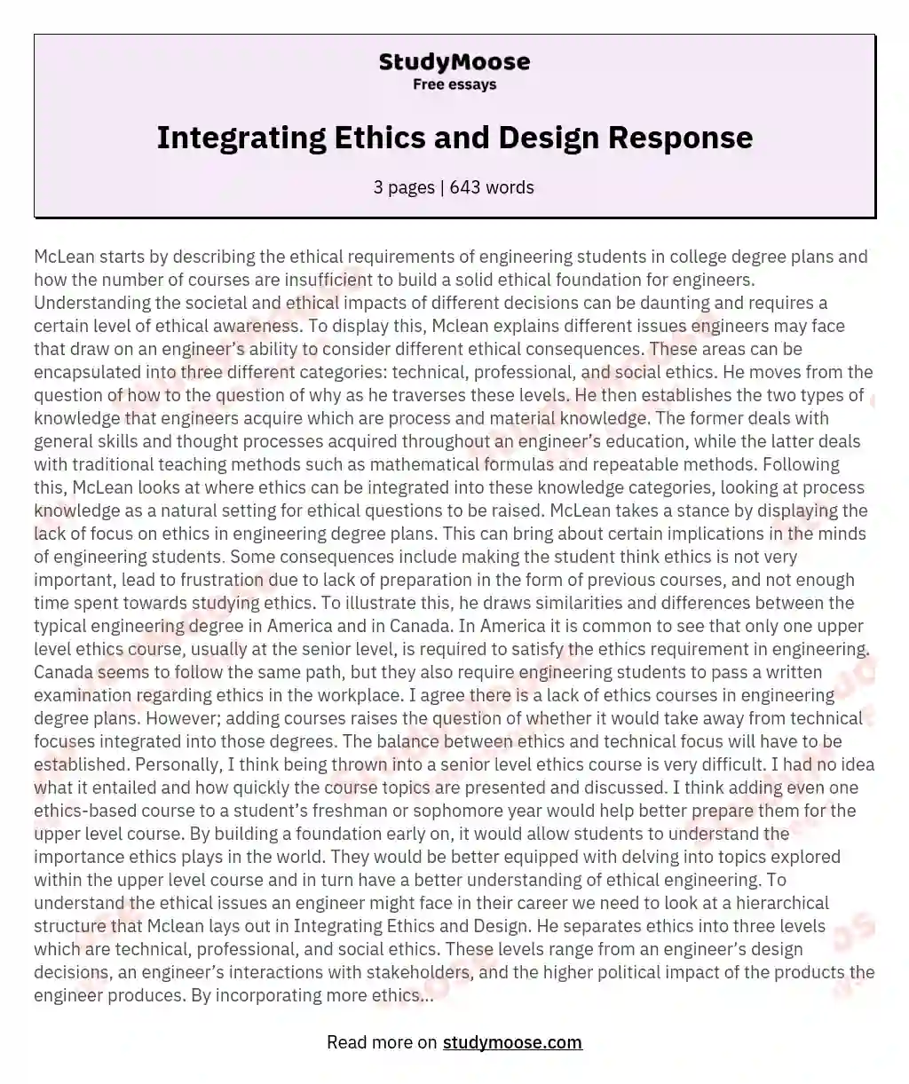 Integrating Ethics and Design Response essay