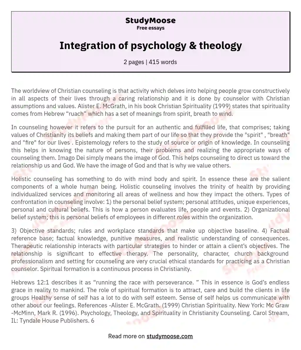 Integration of psychology &amp; theology essay