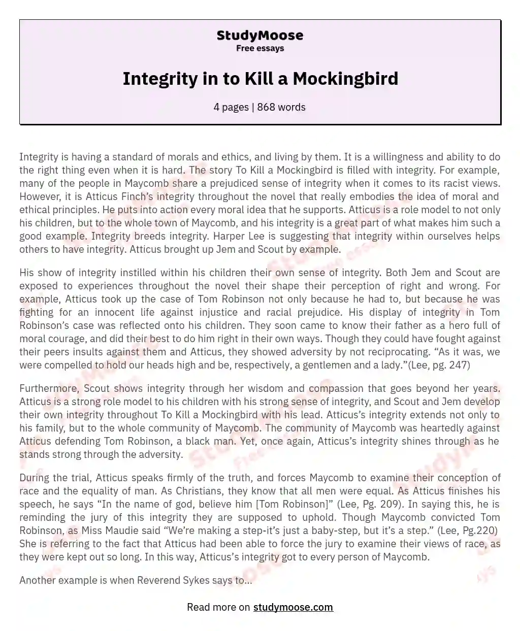 Integrity in to Kill a Mockingbird essay
