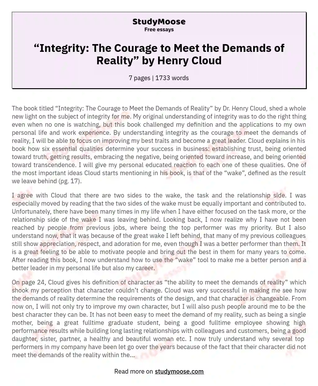 “Integrity: The Courage to Meet the Demands of Reality” by Henry Cloud essay