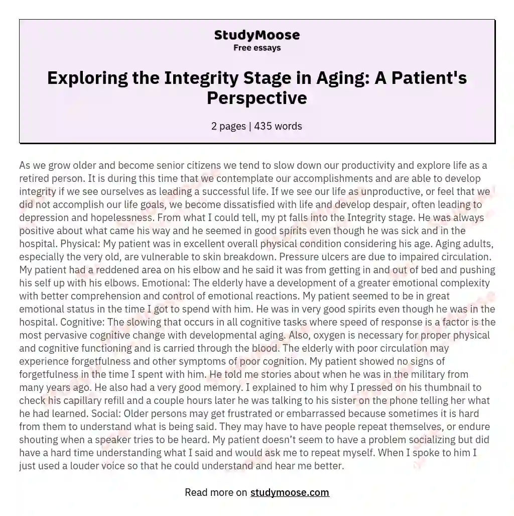 Exploring the Integrity Stage in Aging: A Patient's Perspective essay