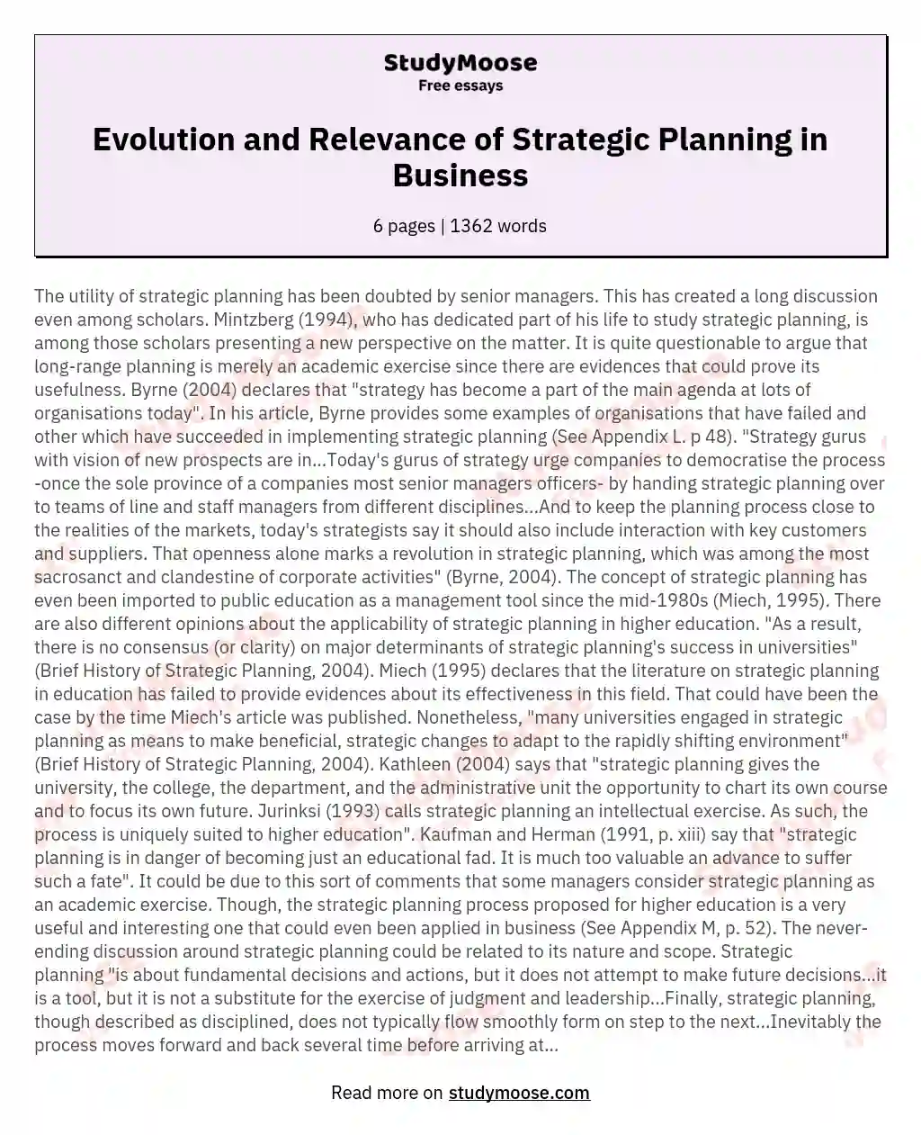 Evolution and Relevance of Strategic Planning in Business essay