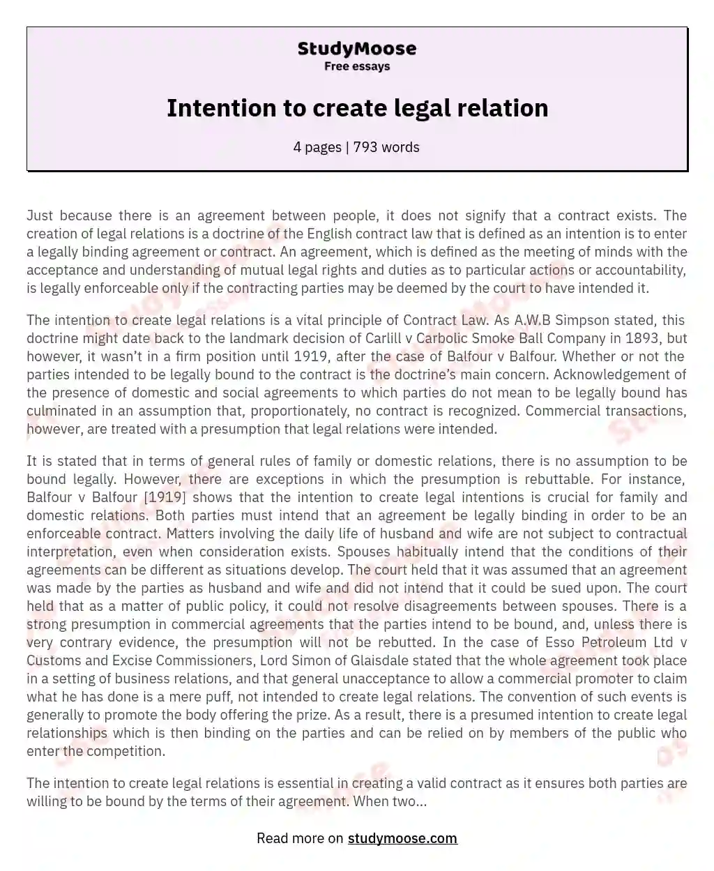 Intention to create legal relation essay