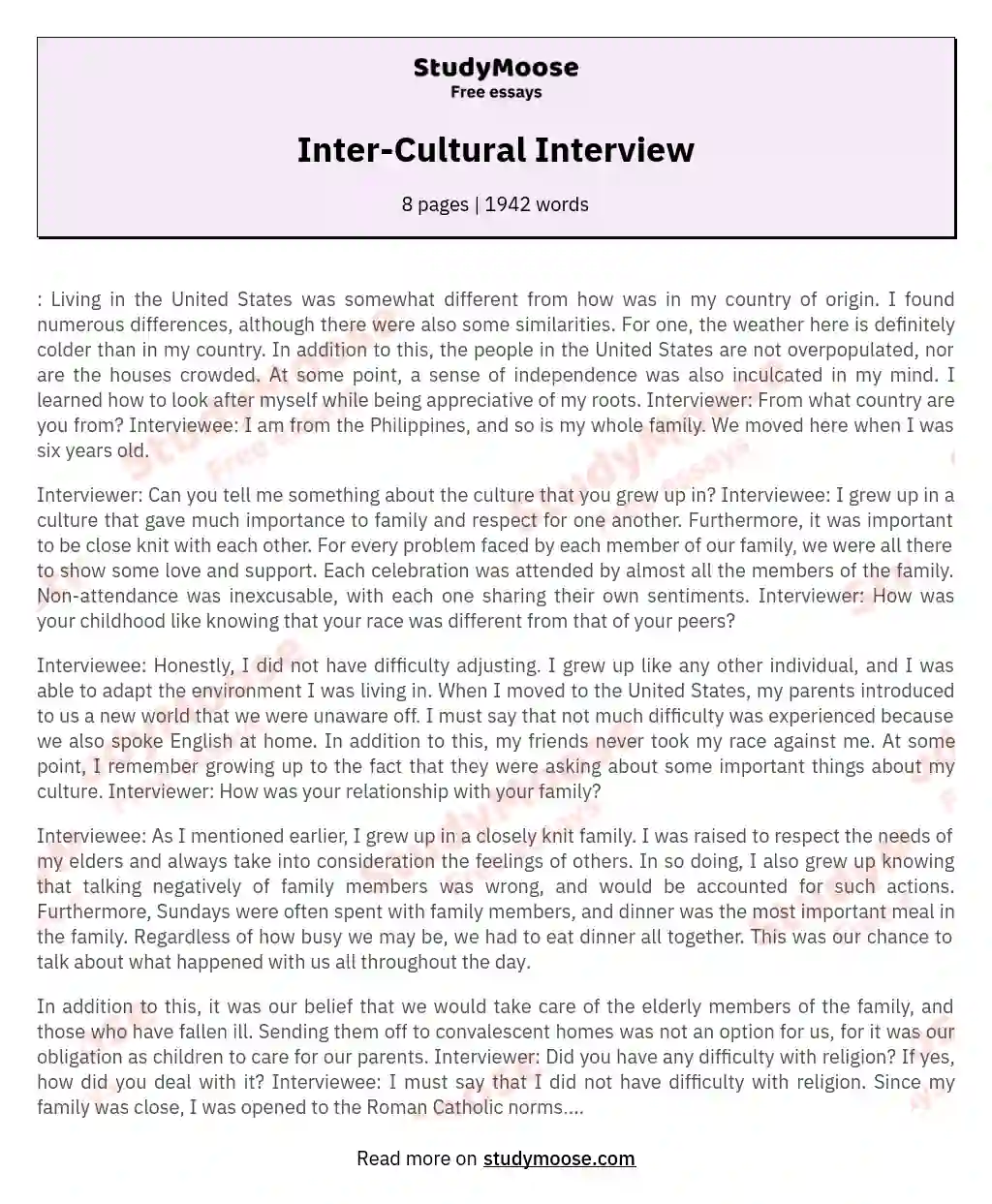 Inter-Cultural Interview essay