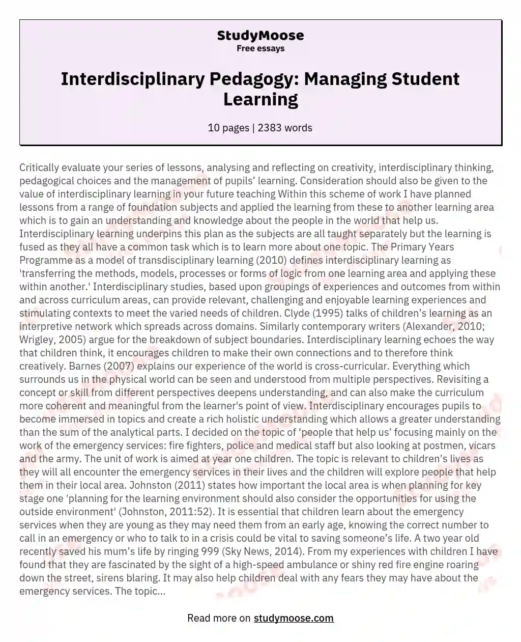 Interdisciplinary Pedagogy: Managing Student Learning essay