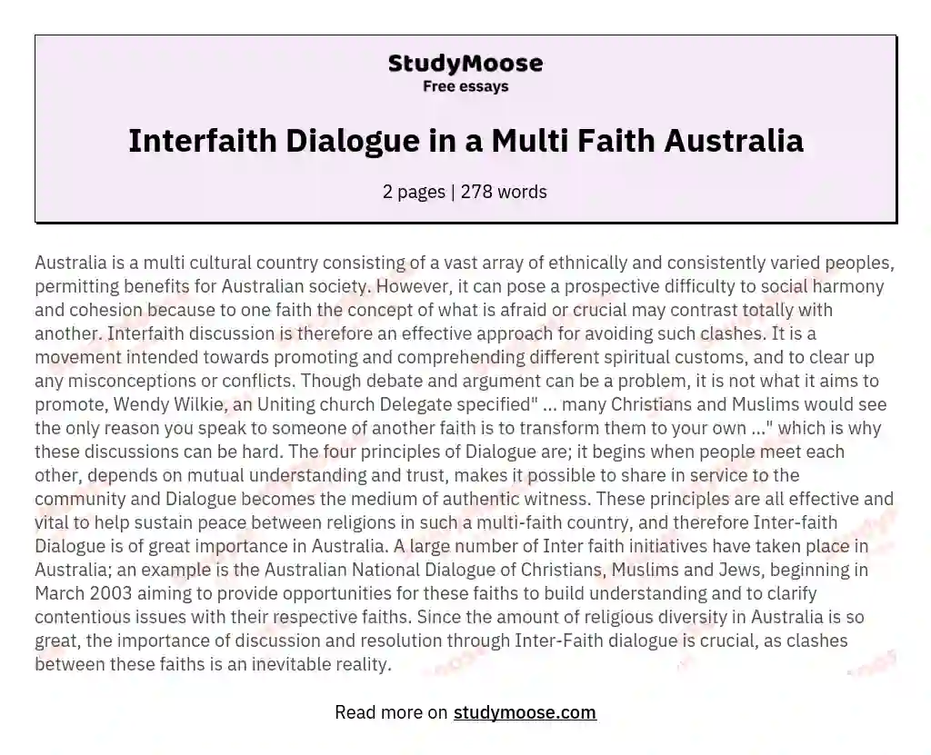 Interfaith Dialogue in a Multi Faith Australia