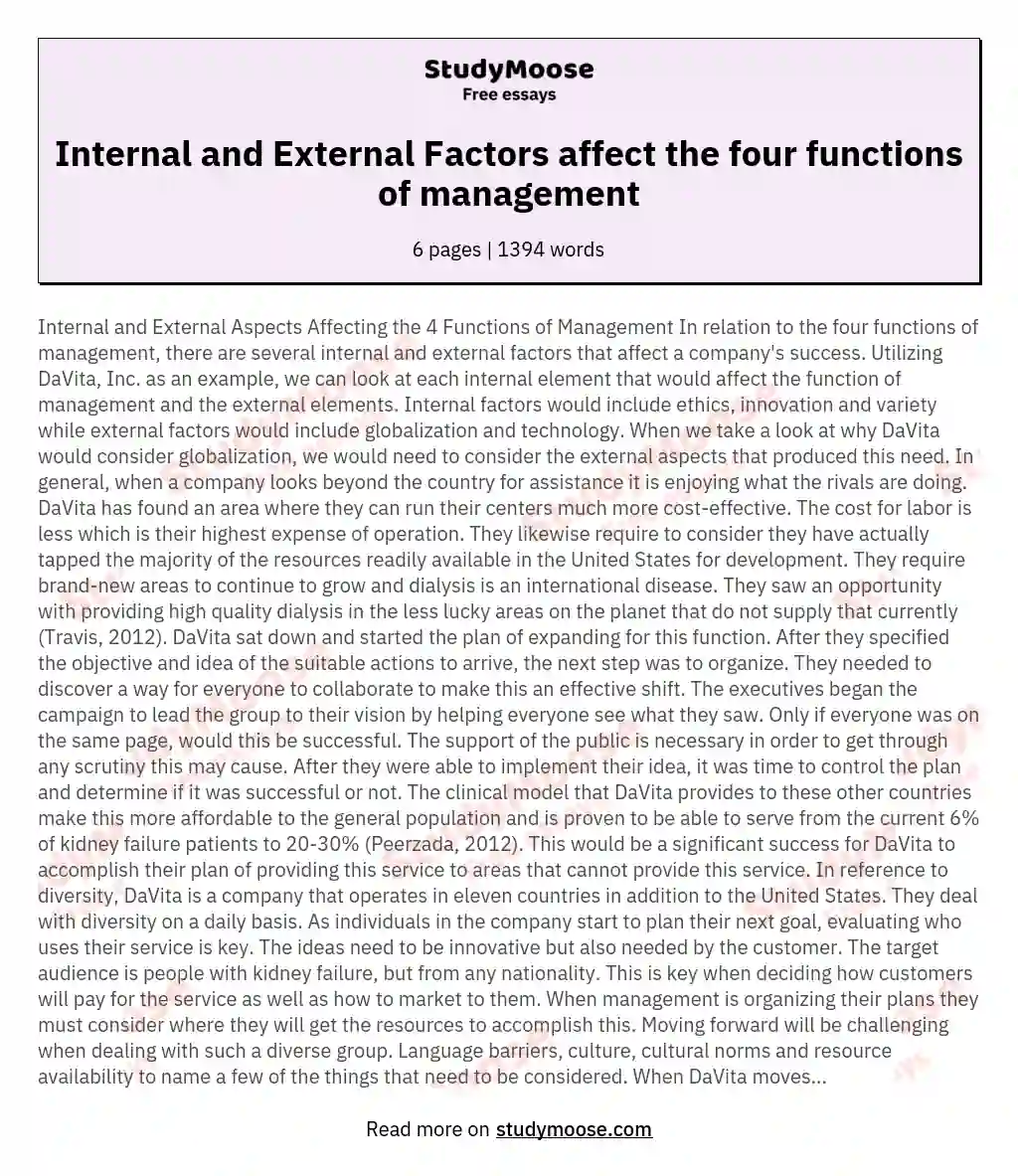 Internal and External Factors affect the four functions of management