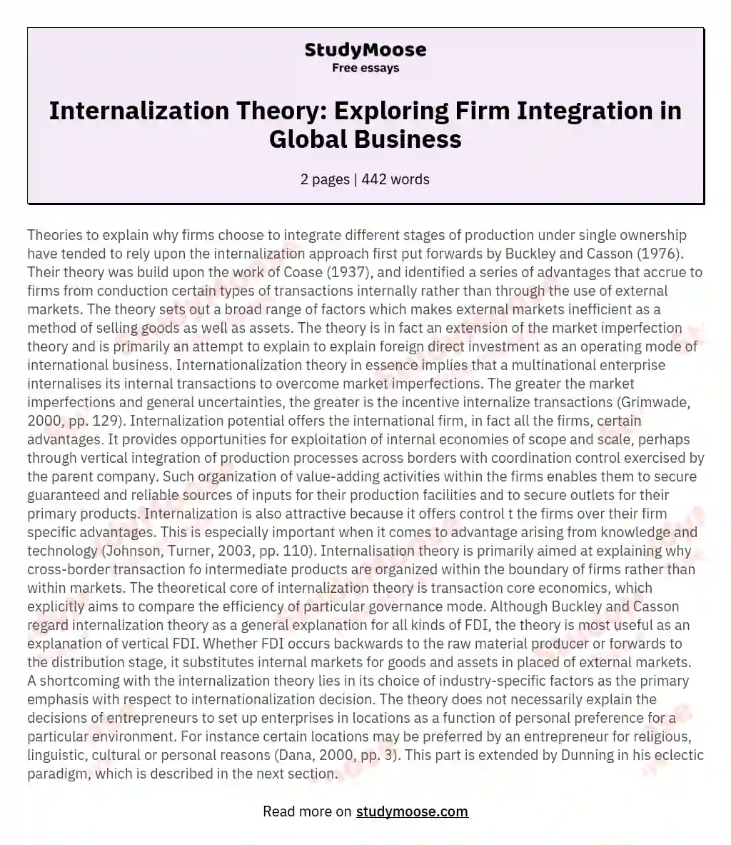 Internalization Theory: Exploring Firm Integration in Global Business essay