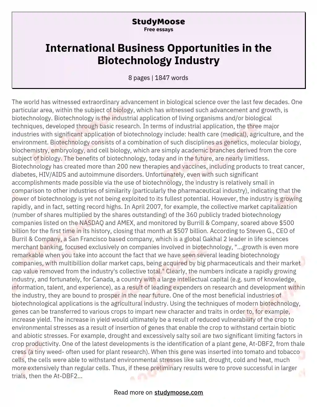 International Business Opportunities in the Biotechnology Industry essay
