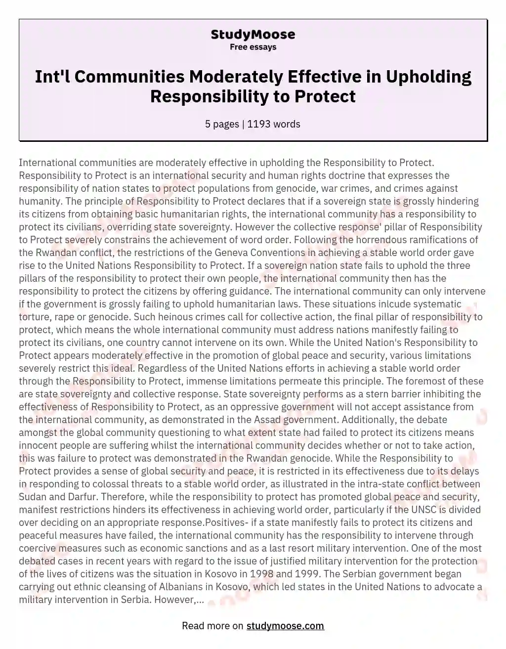 Int'l Communities Moderately Effective in Upholding Responsibility to Protect essay