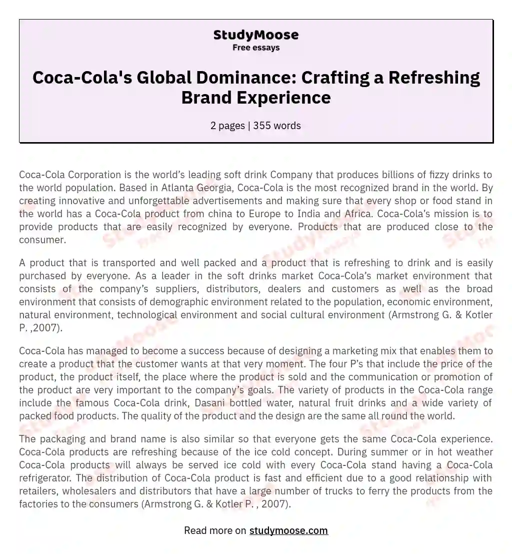 Coca-Cola's Global Dominance: Crafting a Refreshing Brand Experience essay
