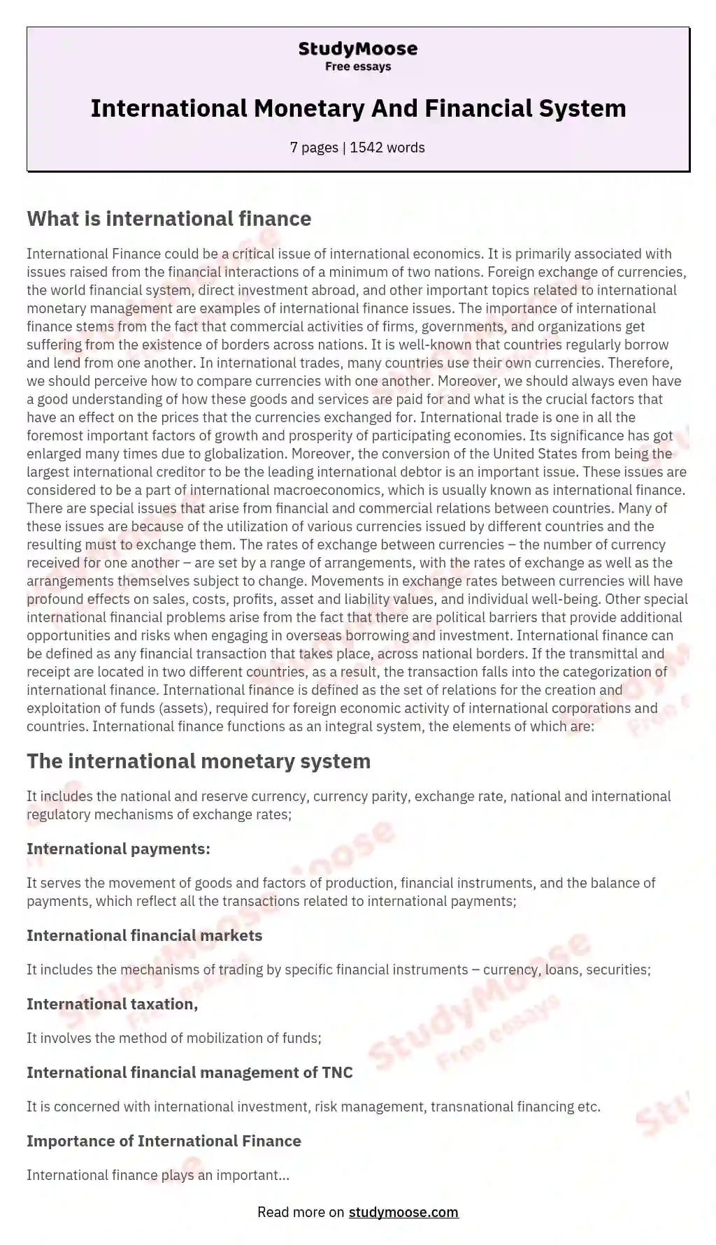 International Monetary And Financial System essay