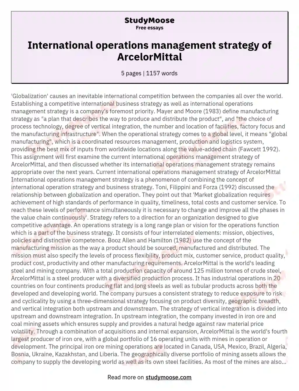 International operations management strategy of ArcelorMittal essay