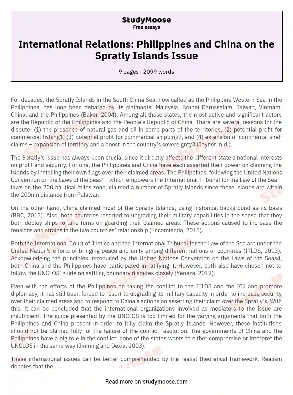 International Relations: Philippines and China on the Spratly Islands Issue essay