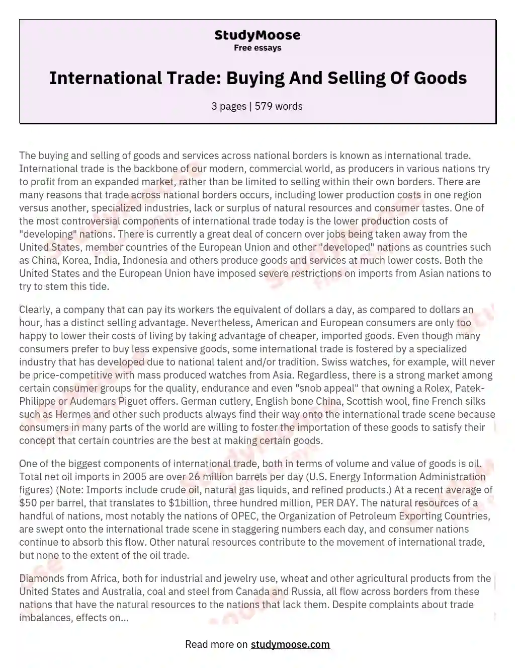 International Trade: Buying And Selling Of Goods essay
