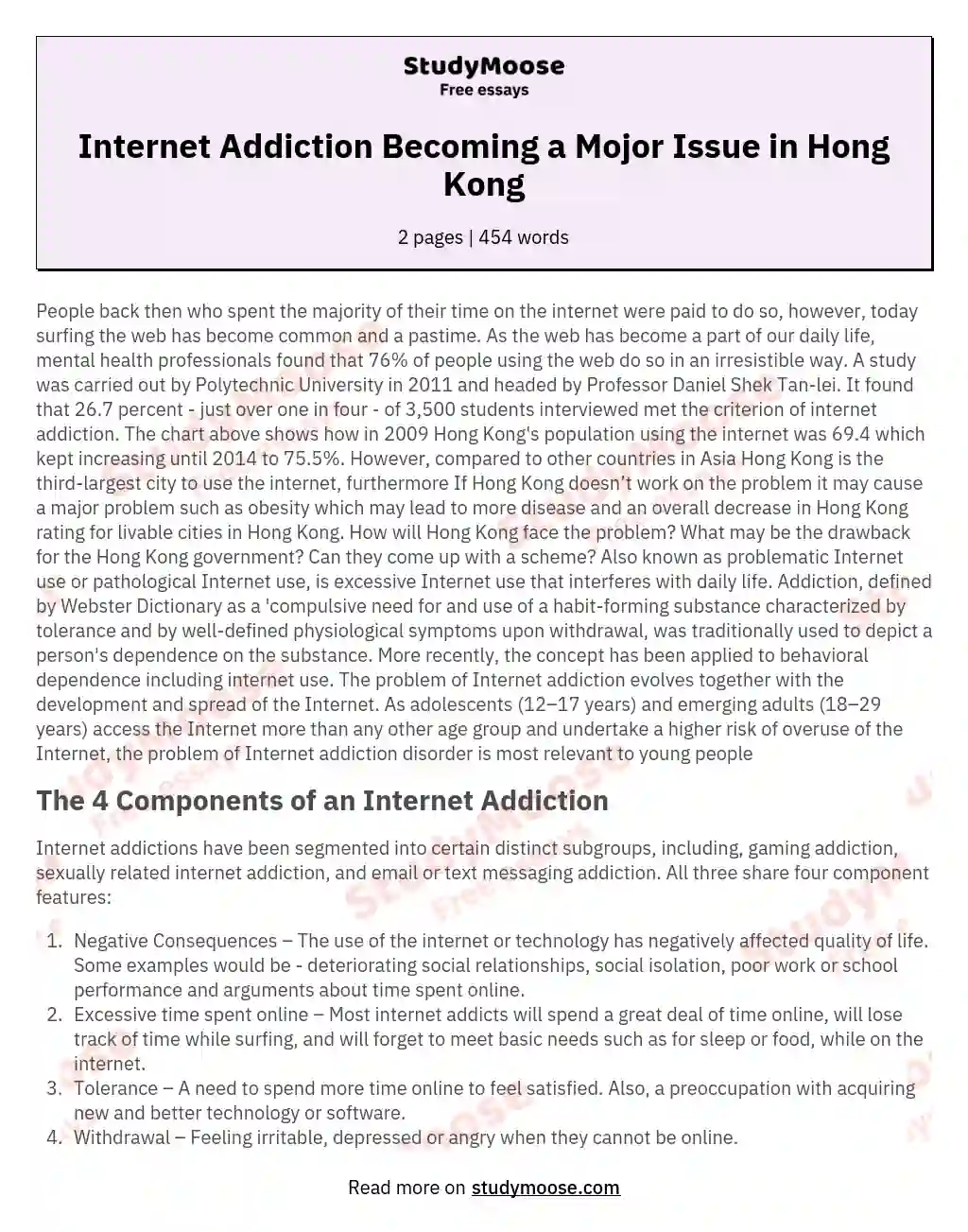 Internet Addiction Becoming a Mojor Issue in Hong Kong essay