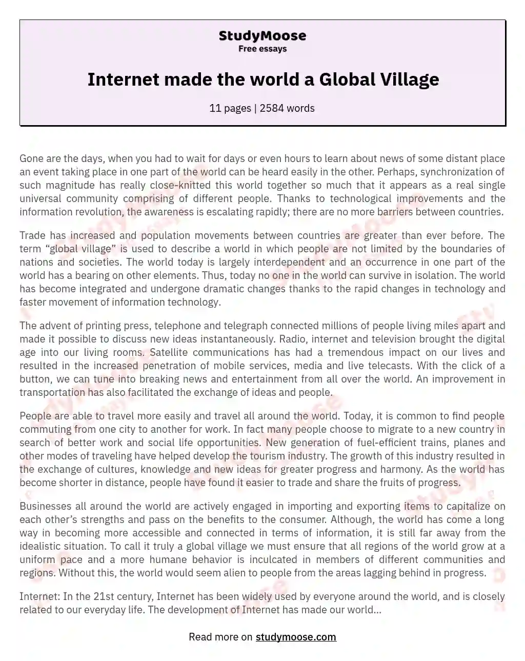 Internet made the world a Global Village essay