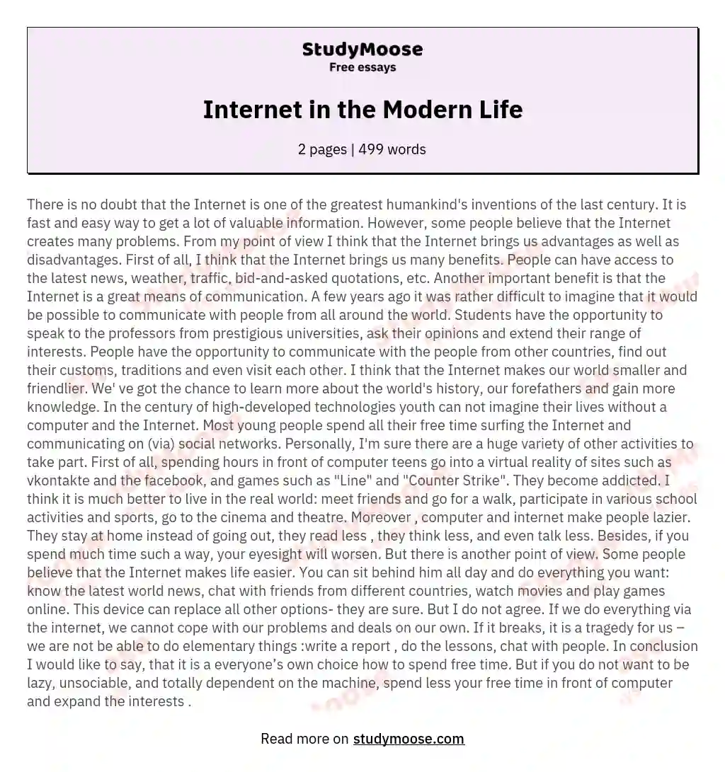 the role of internet in modern life essay 150 words