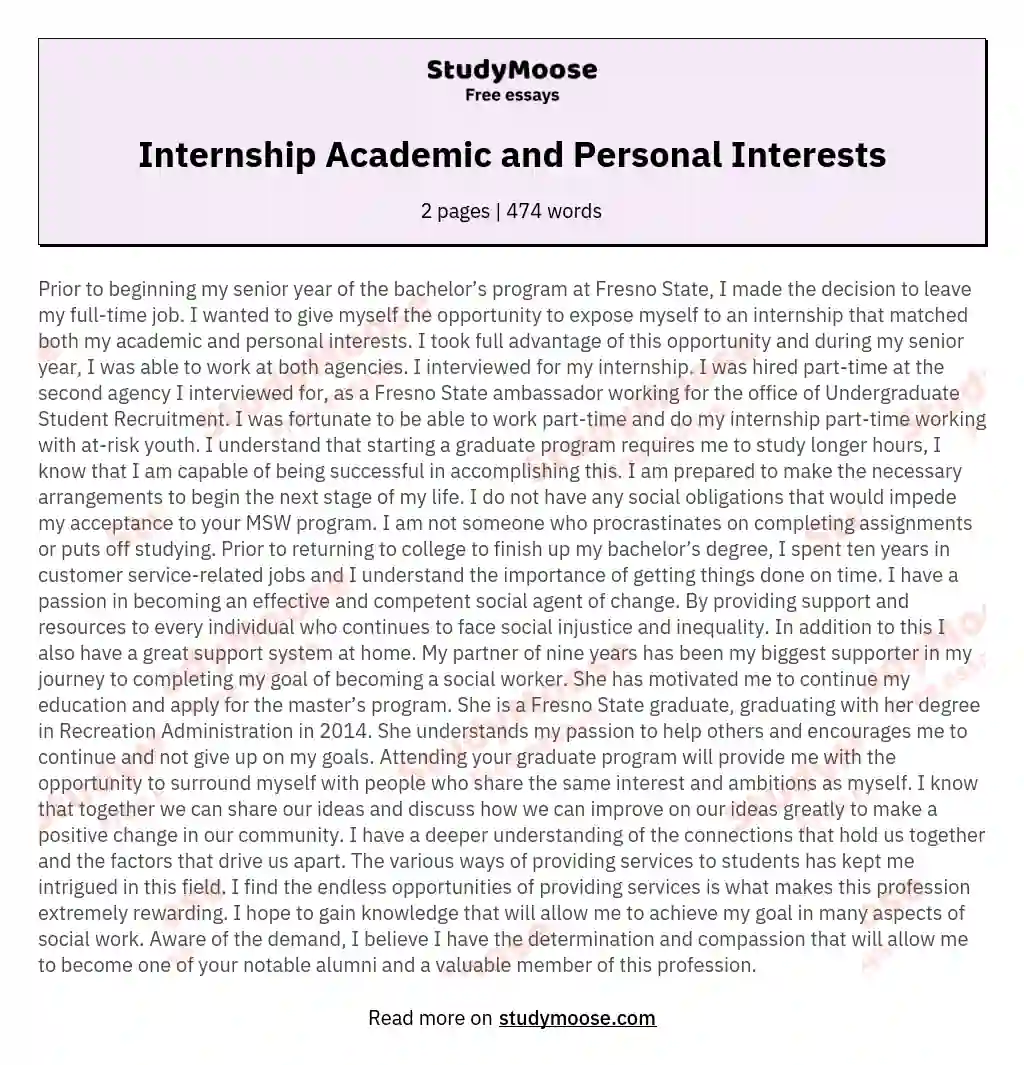 Internship Academic and Personal Interests essay
