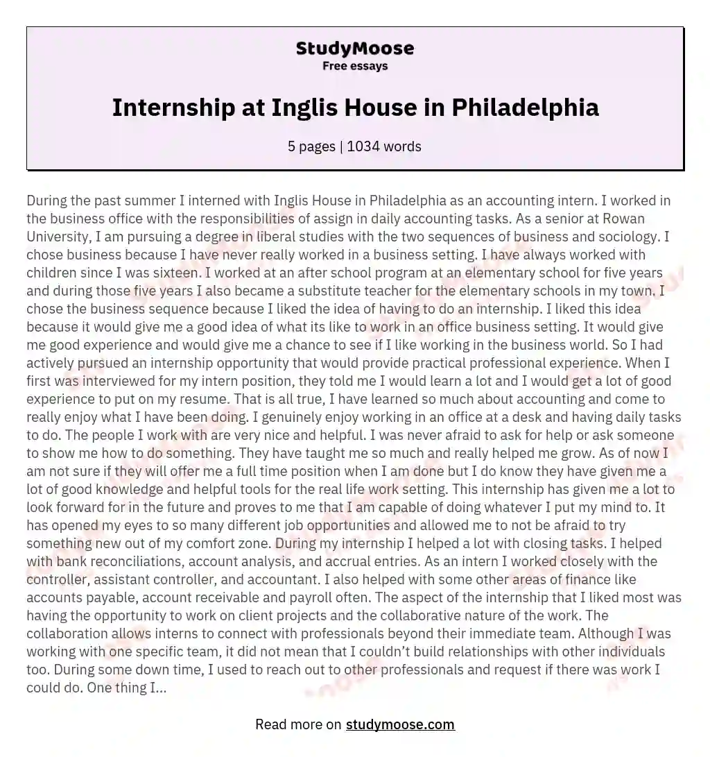 Internship at Inglis House in Philadelphia essay
