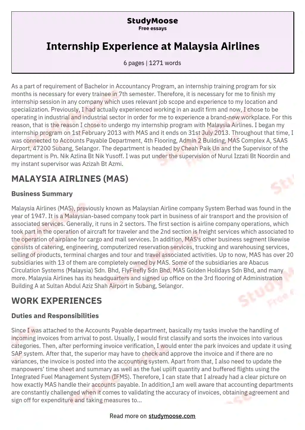 Internship Experience at Malaysia Airlines
