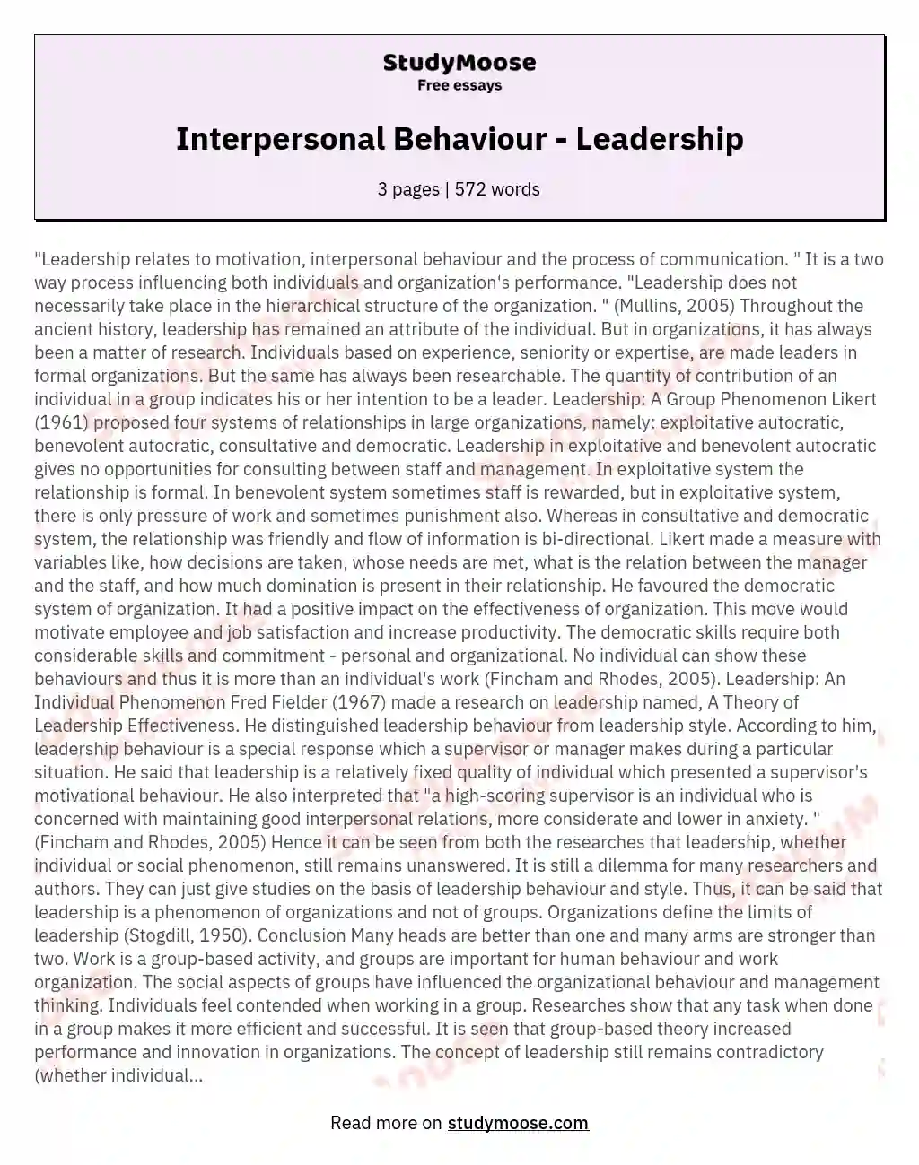 Interpersonal Behaviour - Leadership essay