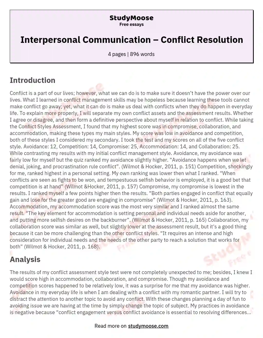 Interpersonal Communication – Conflict Resolution essay