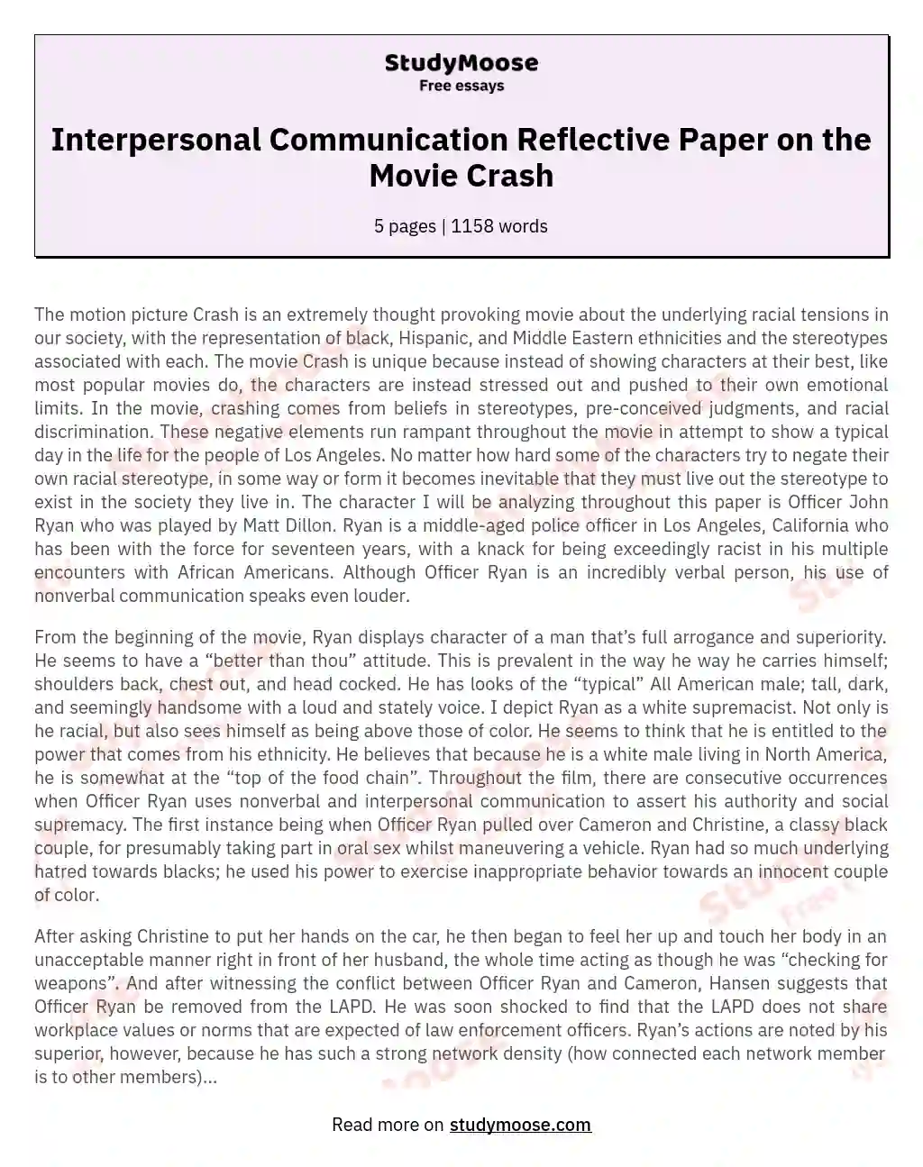 Interpersonal Communication Reflective Paper on the Movie Crash