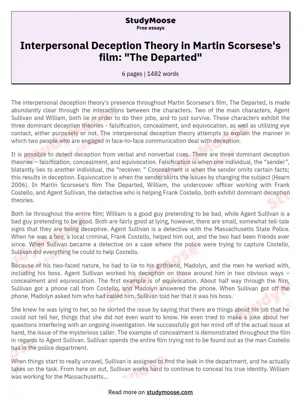 Interpersonal Deception Theory in Martin Scorsese's film: "The Departed"