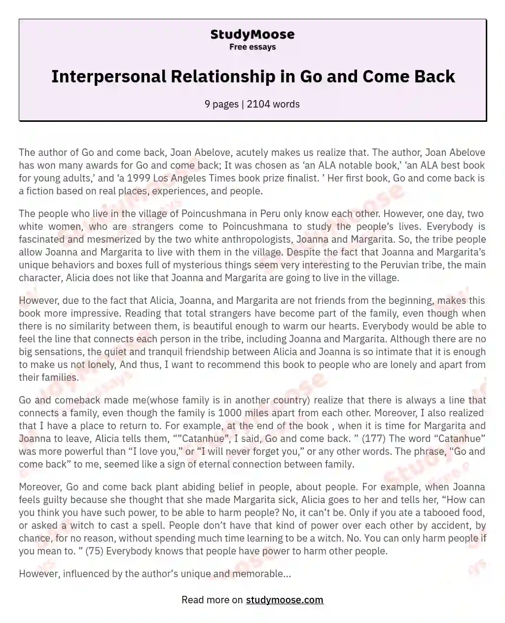 Interpersonal Relationship in Go and Come Back