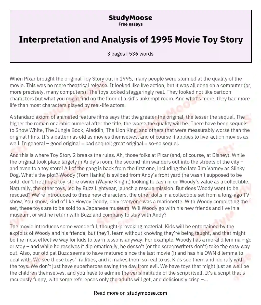 Interpretation and Analysis of 1995 Movie Toy Story essay