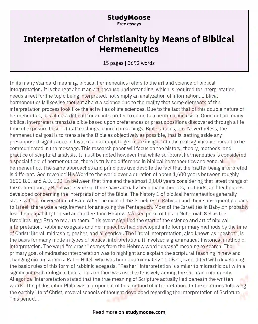 Interpretation of Christianity by Means of Biblical Hermeneutics essay