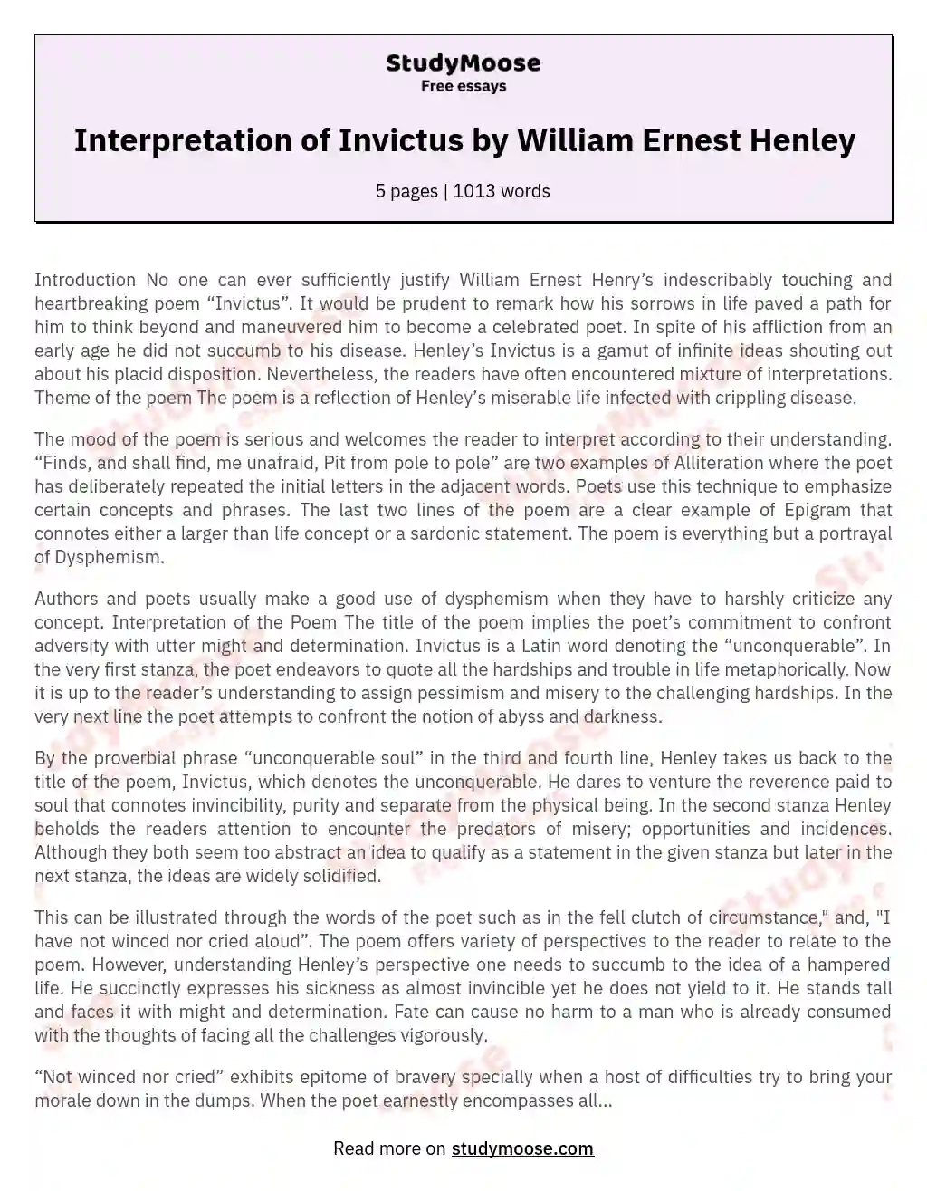 Interpretation of Invictus by William Ernest Henley essay