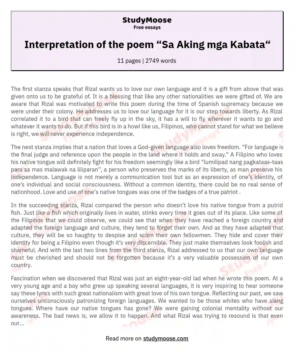 Interpretation of the poem “Sa Aking mga Kabata“ essay