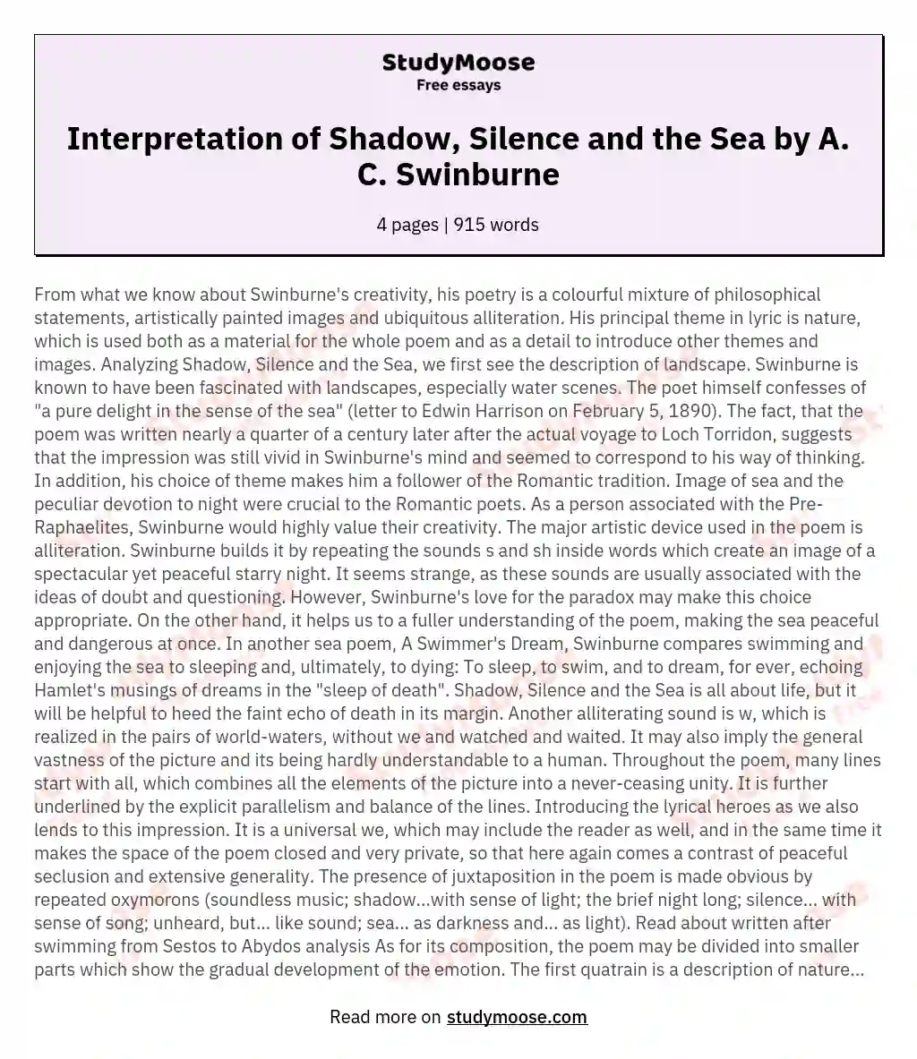 Interpretation of Shadow, Silence and the Sea by A. C. Swinburne essay