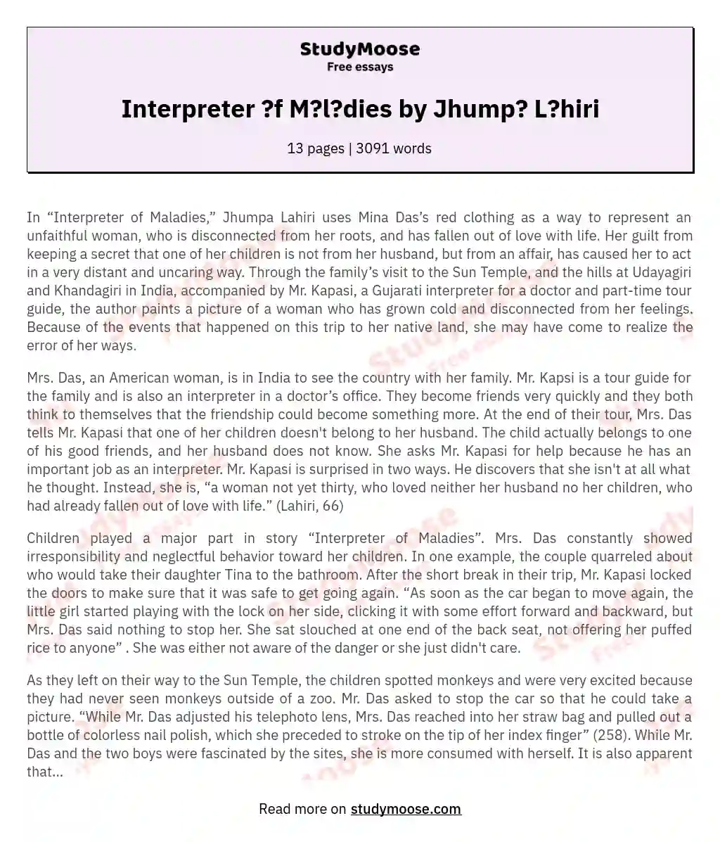 Interpreter ?f M?l?dies by Jhump? L?hiri essay