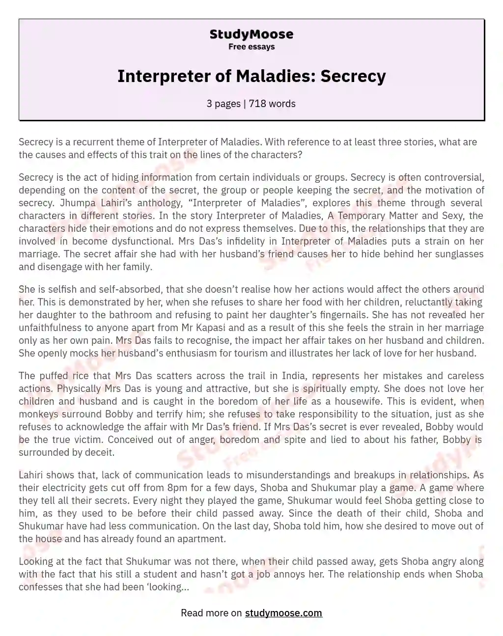 Interpreter of Maladies: Secrecy
