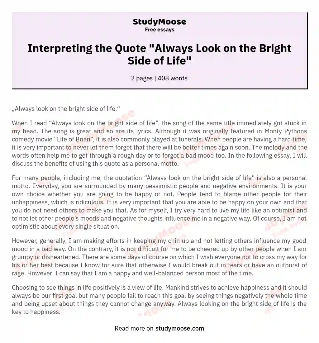 Interpreting the Quote "Always Look on the Bright Side of Life" essay