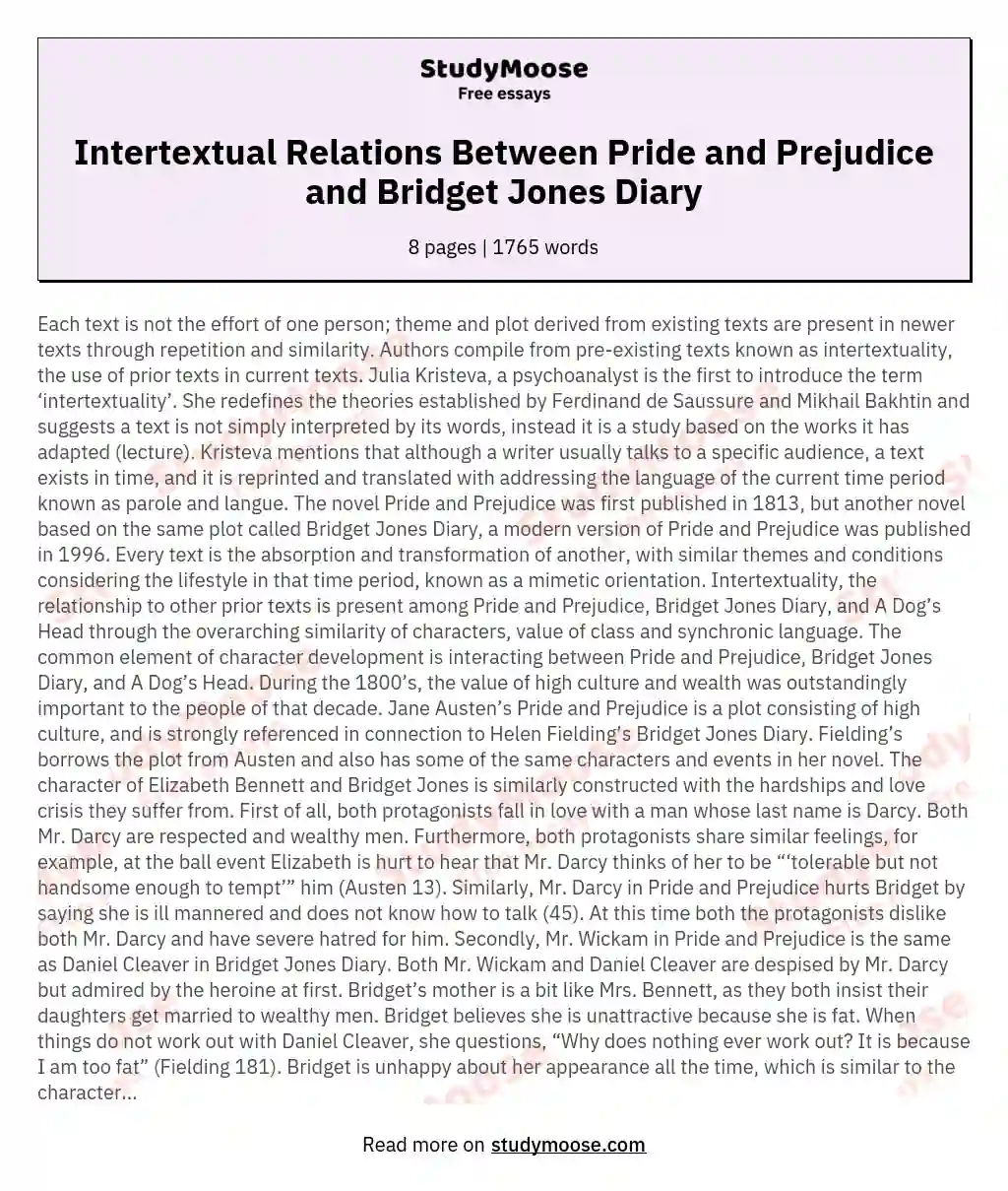 Intertextual Relations Between Pride and Prejudice and Bridget Jones Diary essay