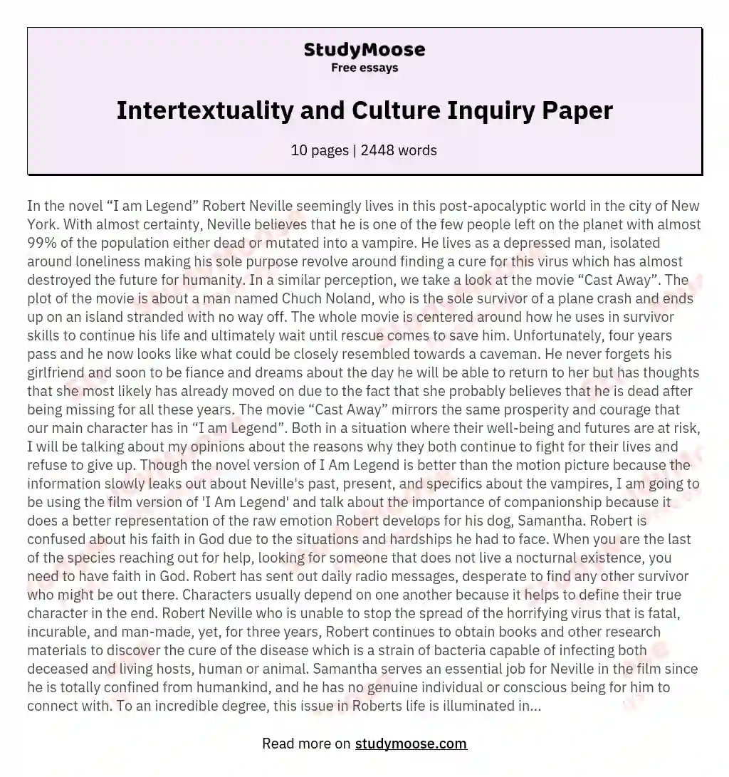 Intertextuality and Culture Inquiry Paper essay