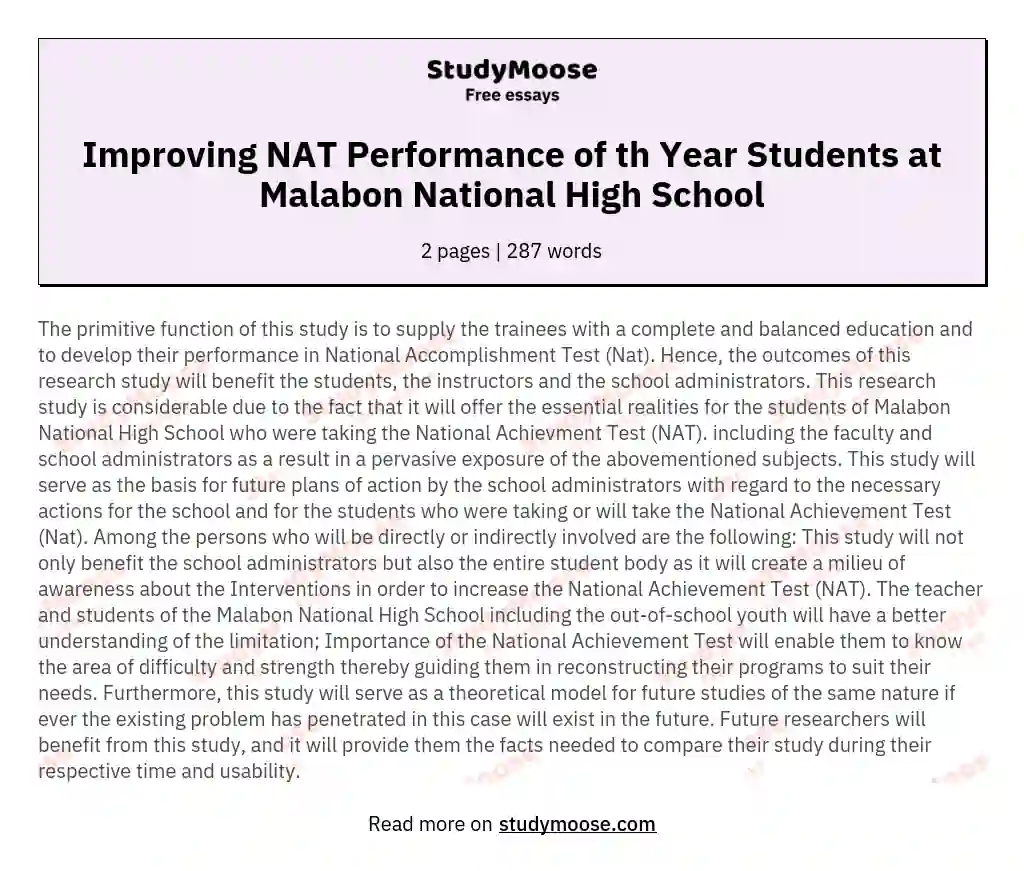 Improving NAT Performance of th Year Students at Malabon National High School