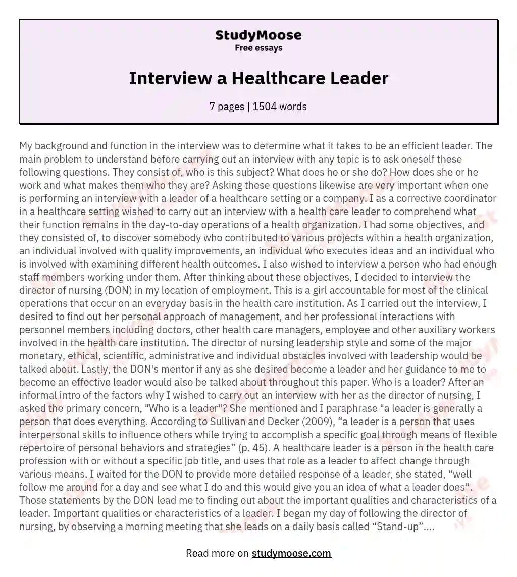 Interview a Healthcare Leader essay