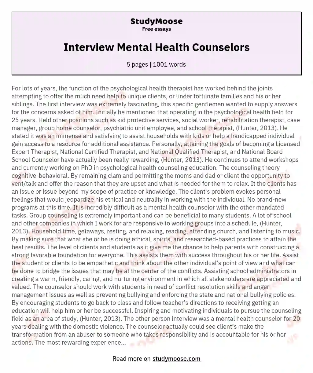 Interview Mental Health Counselors essay