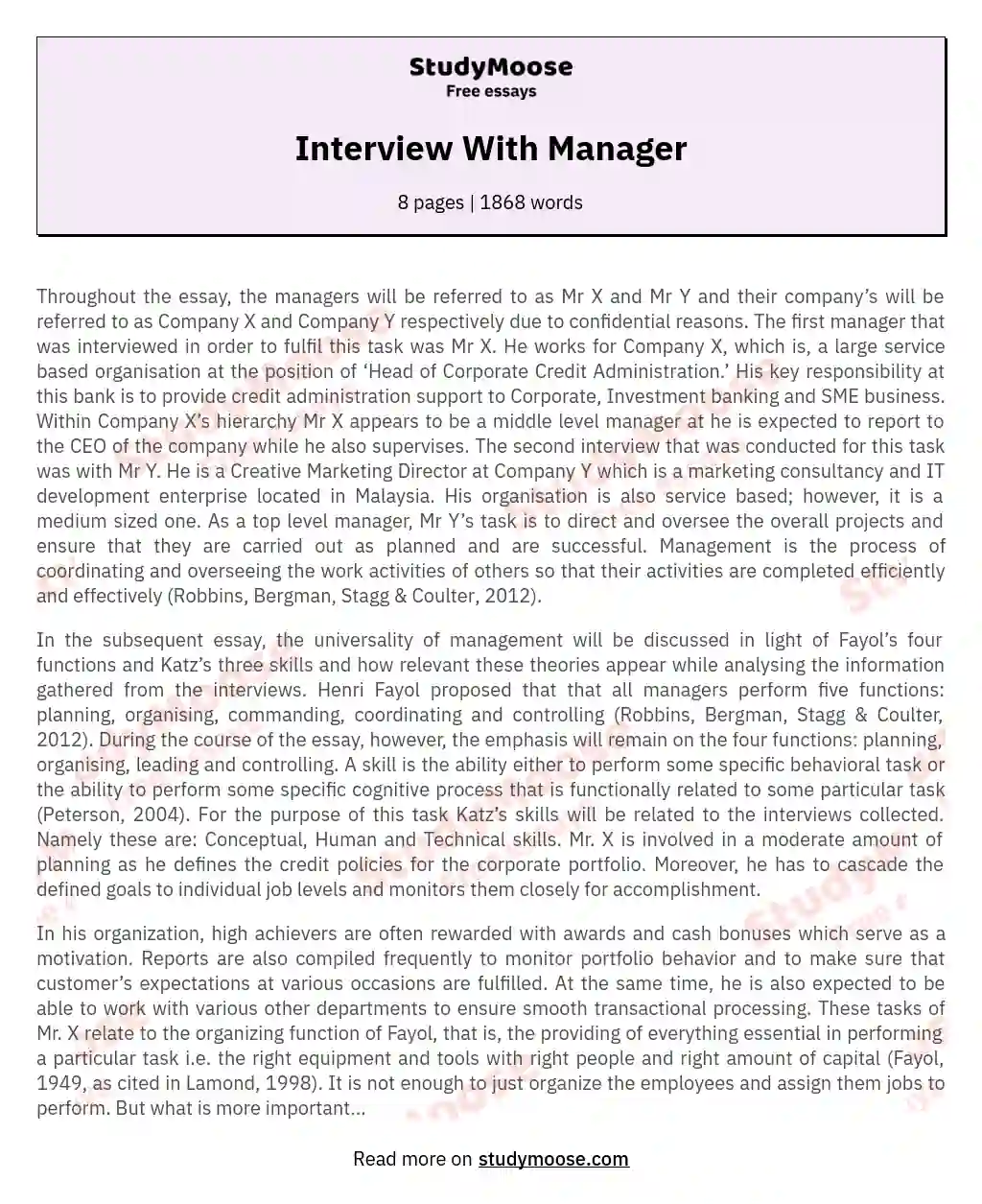 Interview With Manager essay